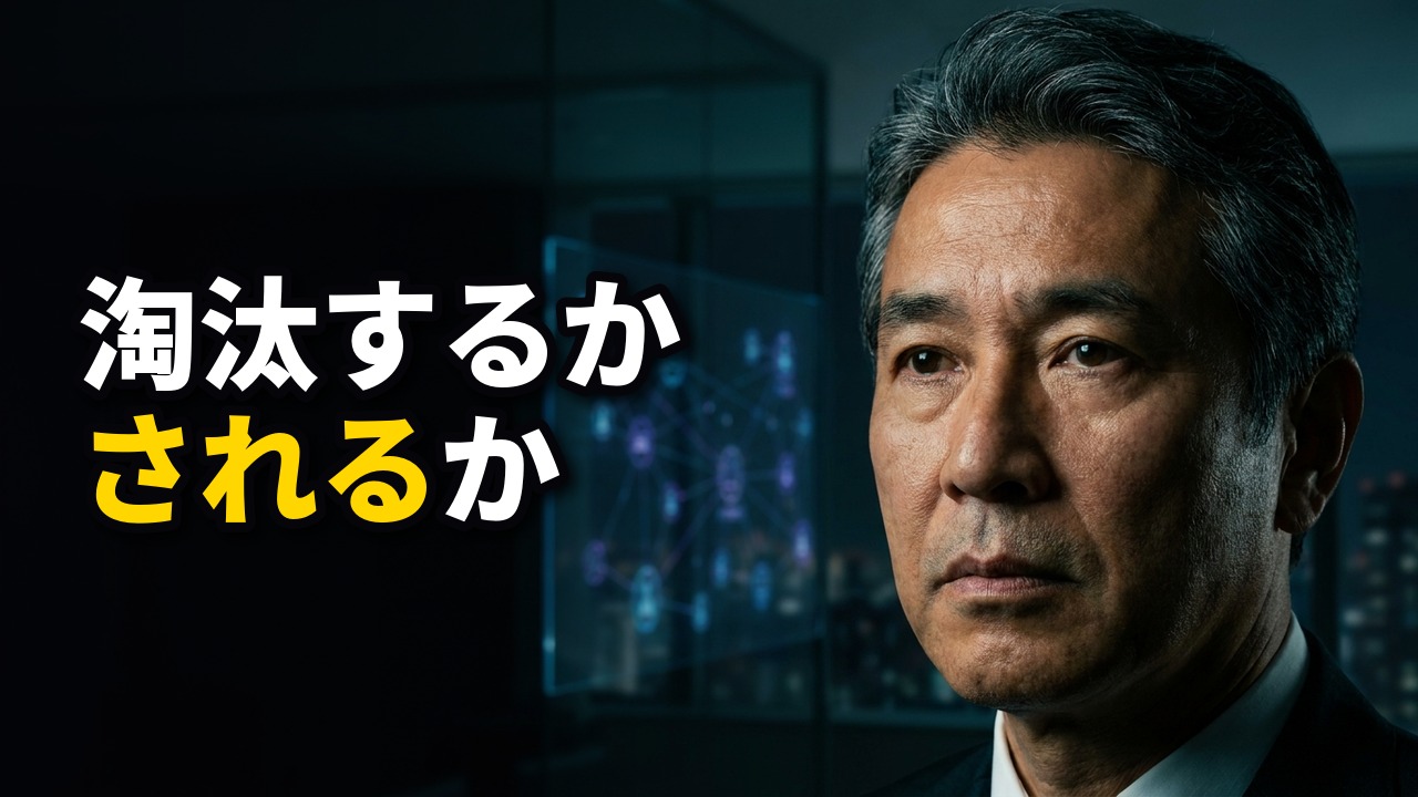 暗いオフィスで、スーツ姿の経営者が厳しい表情で前を見つめる写真。見出しは「淘汰するか されるか」