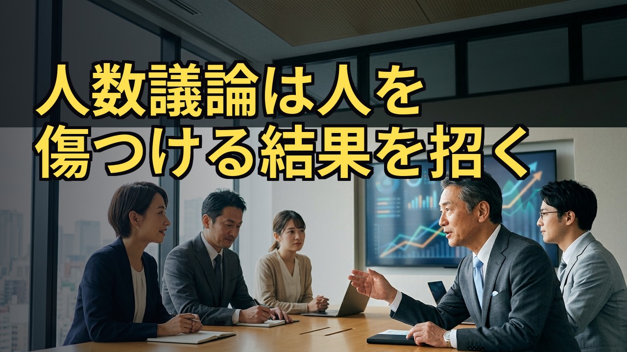 会議室で、グラフを映した画面を前に経営者が社員と話し合う写真。見出しは「人数議論は人を傷つける結果を招く」