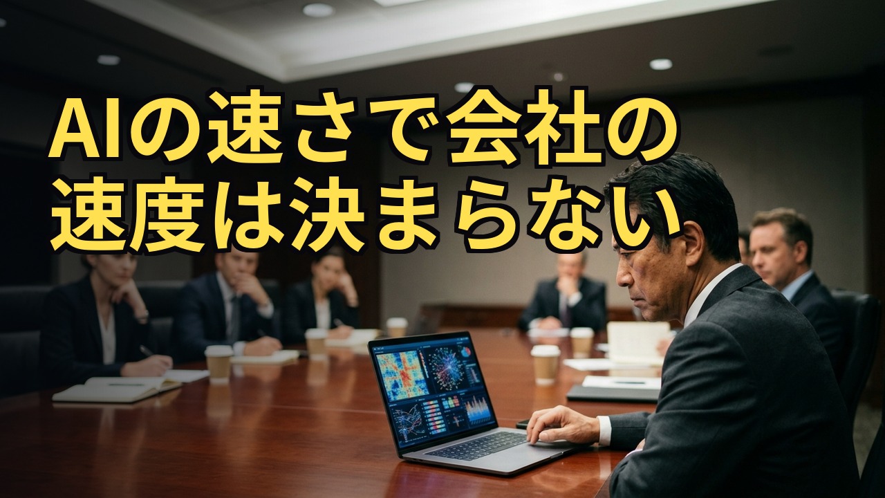 会議室で、データを映したノートパソコンを前に経営者が考え込み、後ろで社員が待っている写真。見出しは「AIの速さで会社の速度は決まらない」